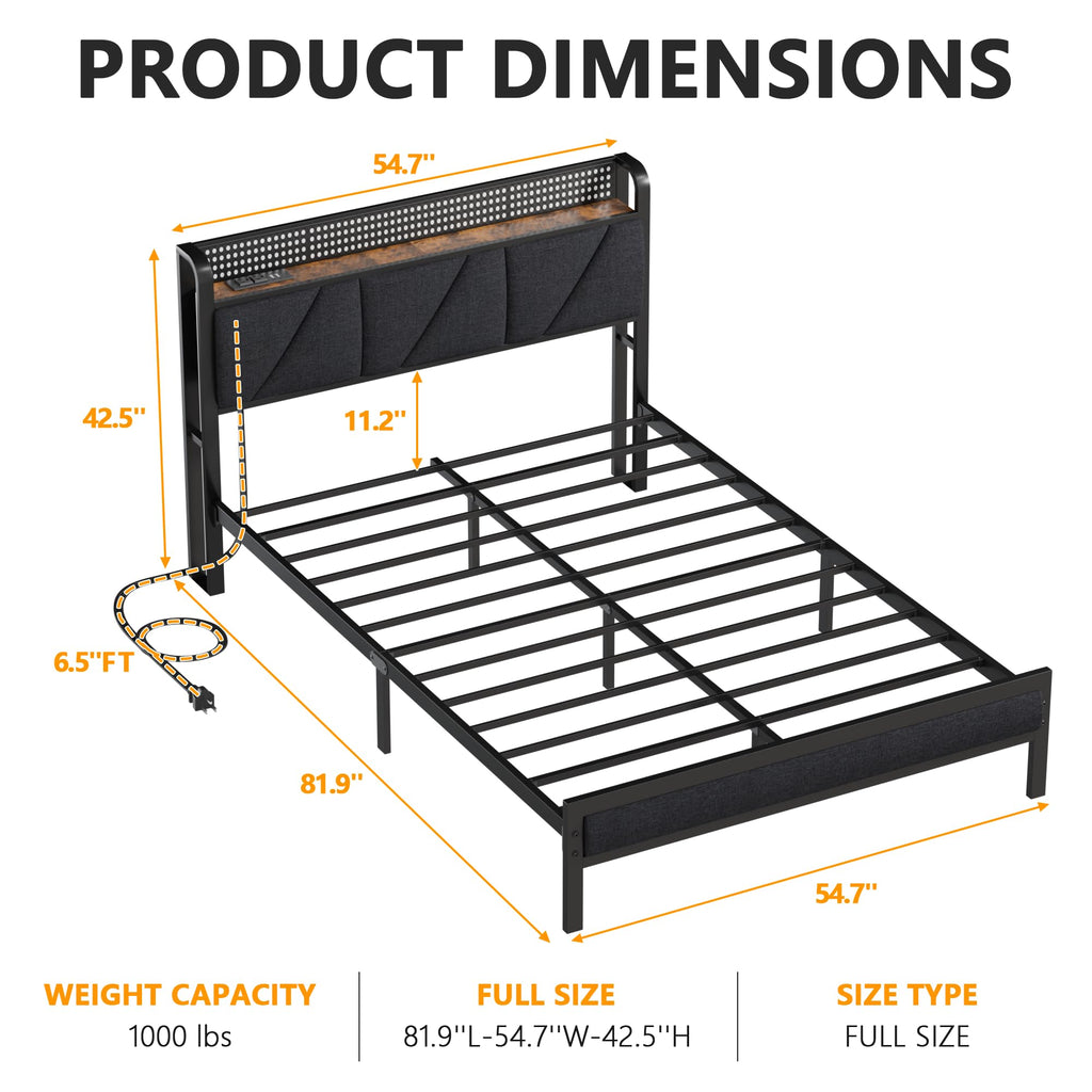 Full Size Bed Frame with Storage Shelf and Upholstered Headboard S90964