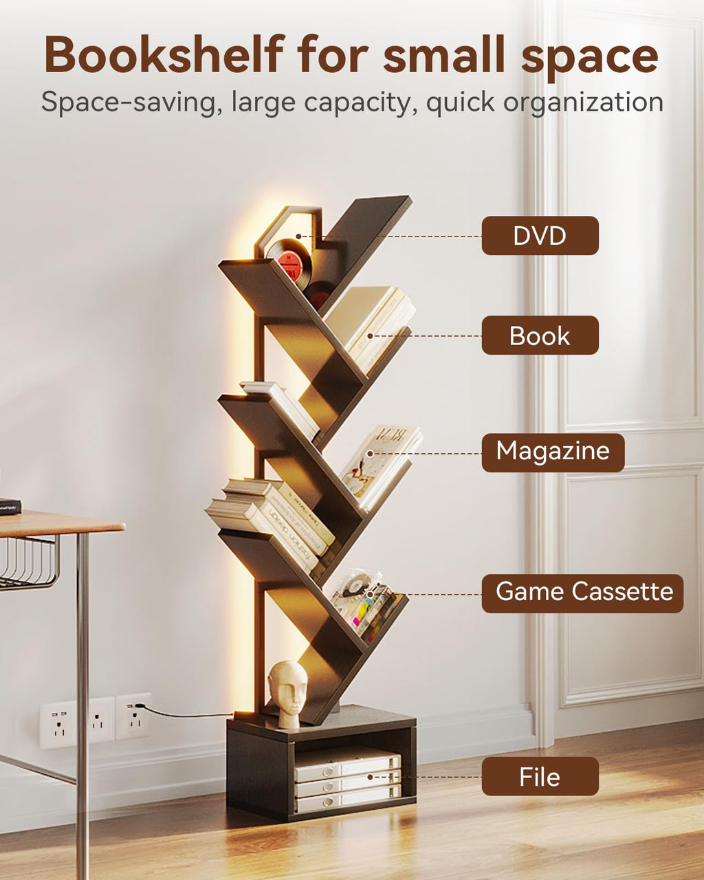 Black 6-Tier Tree Bookshelf with LED Lights L8989