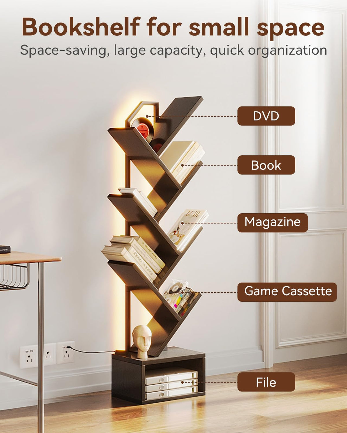 Black 6-Tier Tree Bookshelf with LED Lights L8989