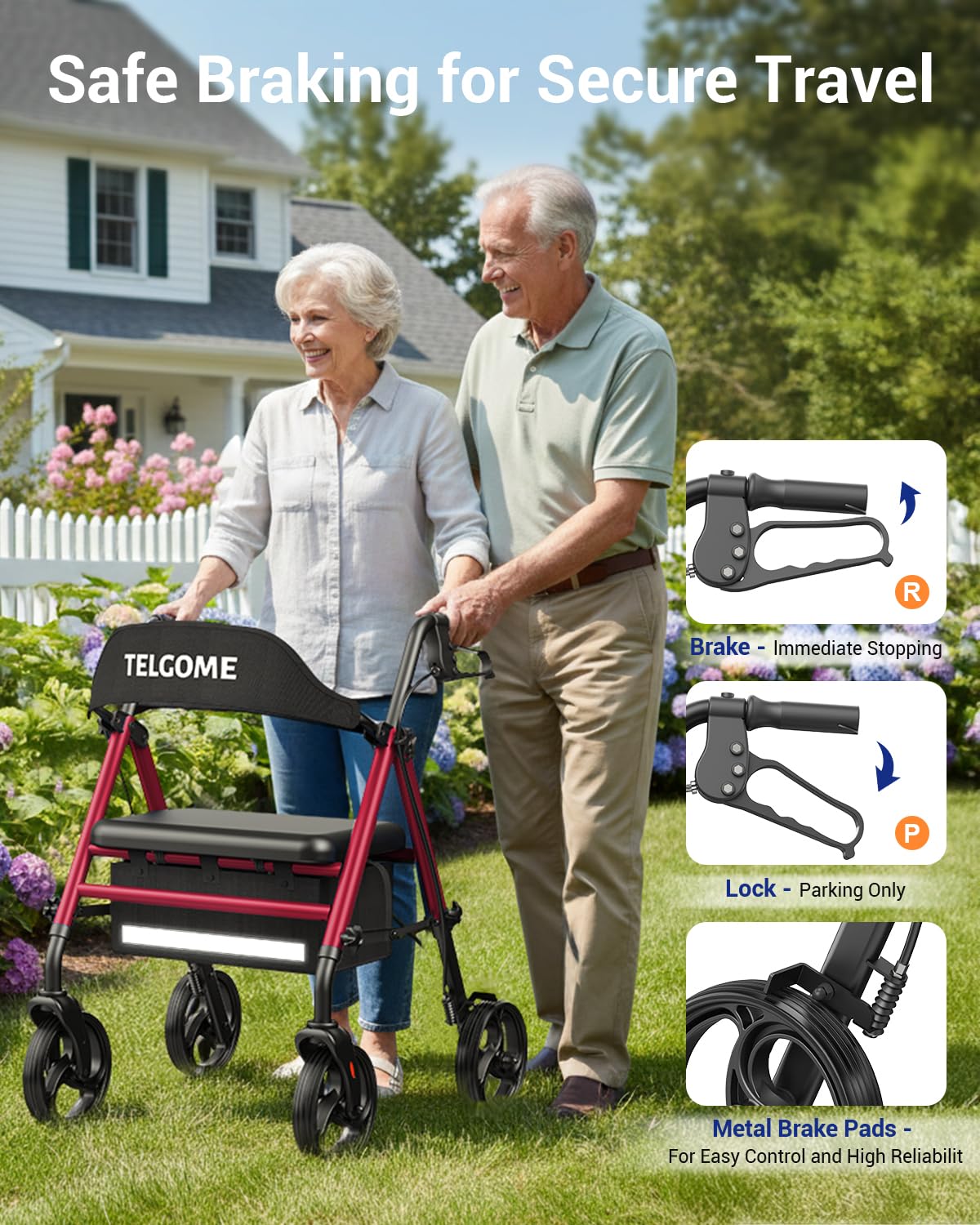 Red 350 lb Capacity Foldable Rollator Walker with Seat Z517