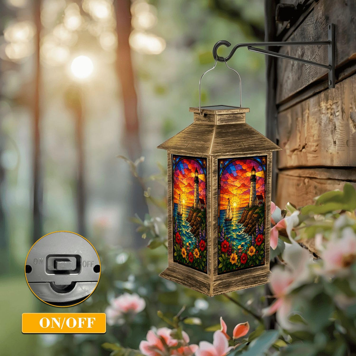Solar Lantern Outdoor Waterproof Stained Glass Effect LED Hanging Tabletop Lamp I943