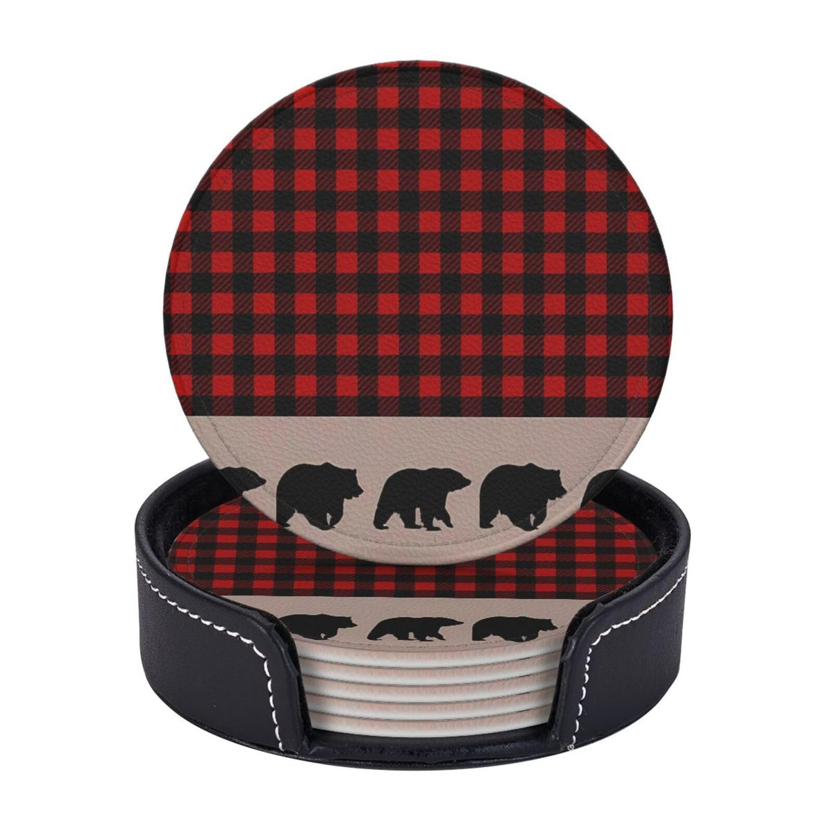 6 Pcs Plaid Leather Coasters with Holder W151