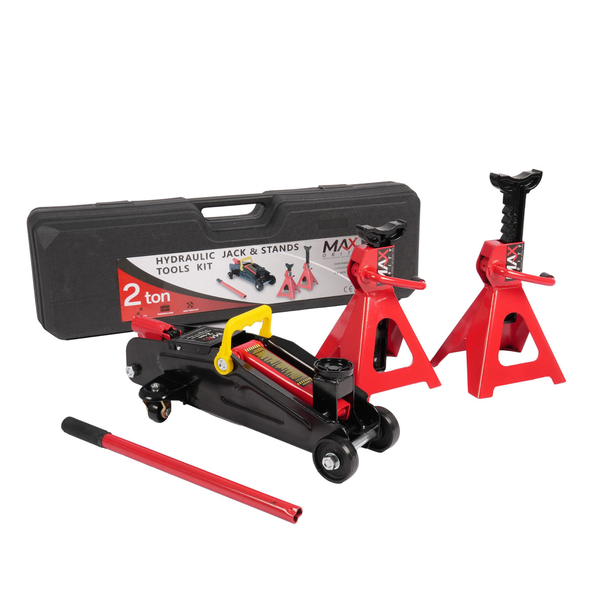 2-Ton Hydraulic Low Profile Trolley Floor Jack with Case and 1 Pair 2 Ton Jack Stands F839