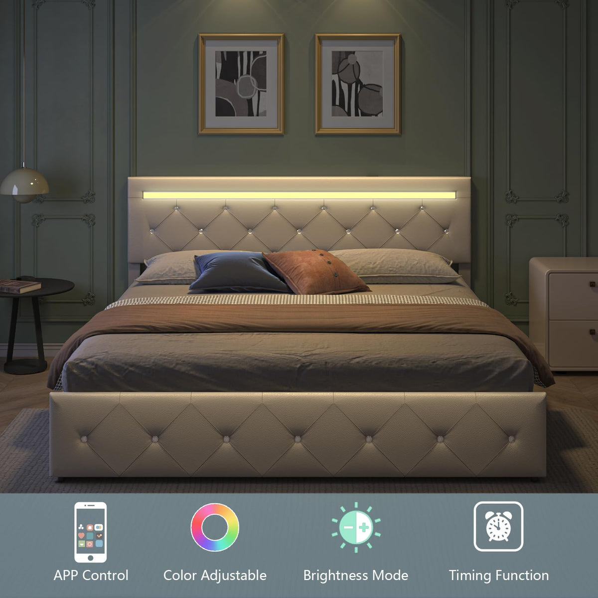 Full Size Bed Frame with LED Light and Storage Drawers N8486