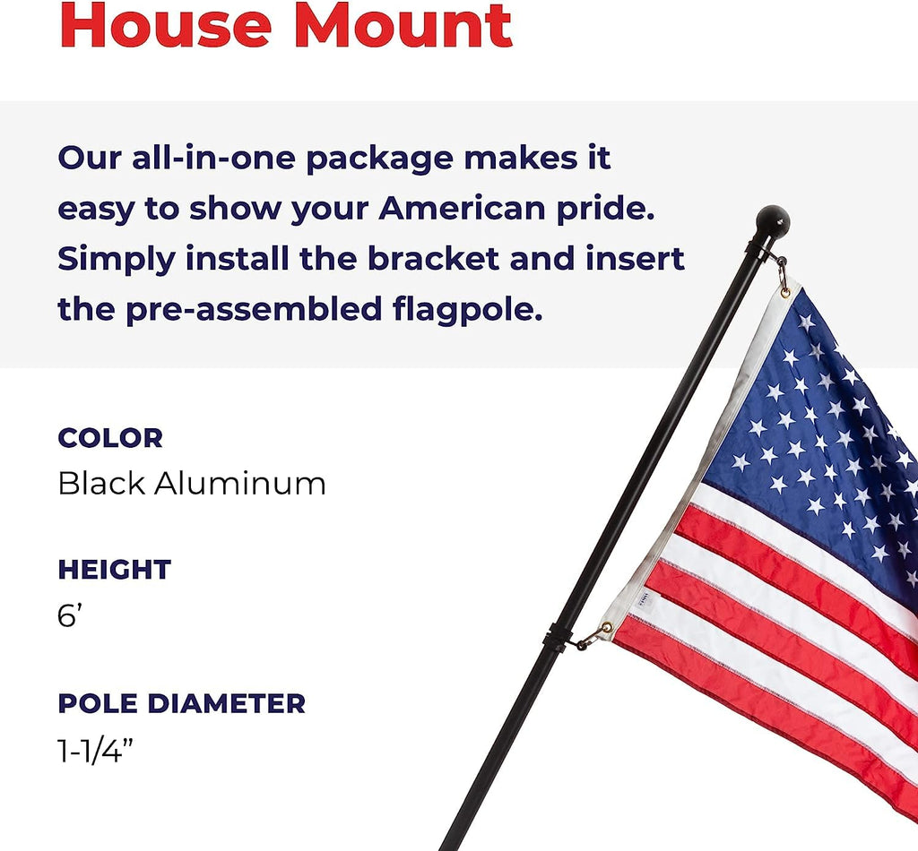 6' Black Aluminum Flagpole with American Flag and Mounting Bracket J63060