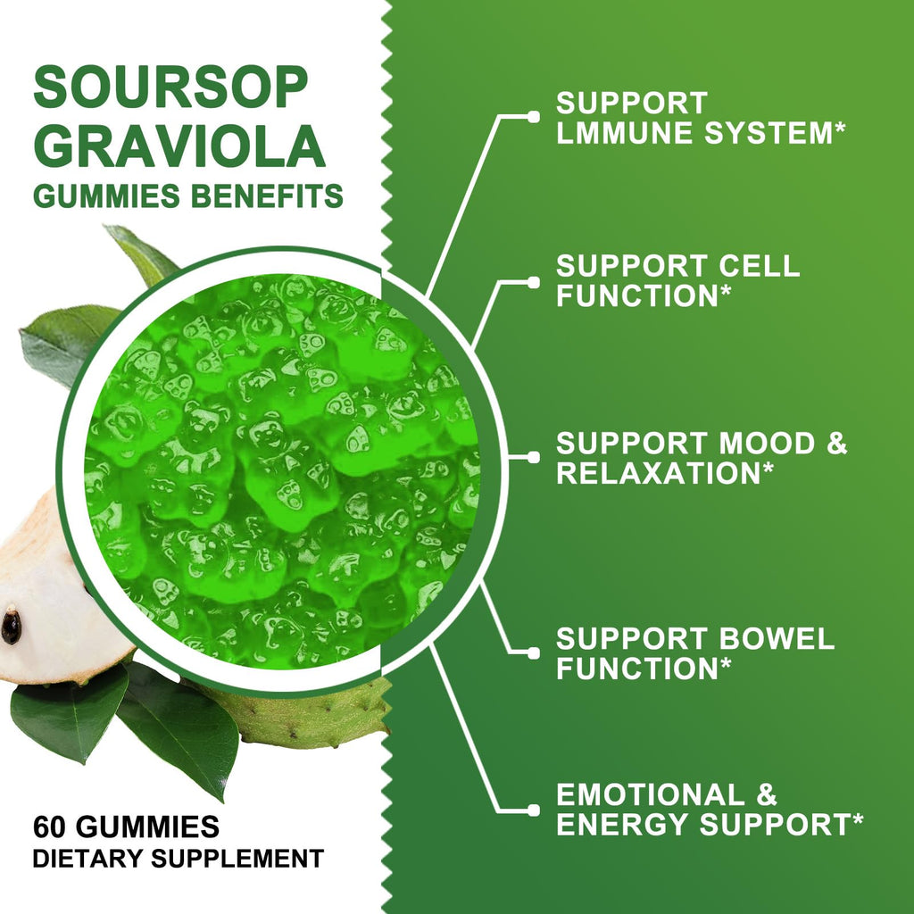 Organic Soursop Graviola Gummies 2200mg with Sea Moss Zinc Vitamin C 60 Gummies I900