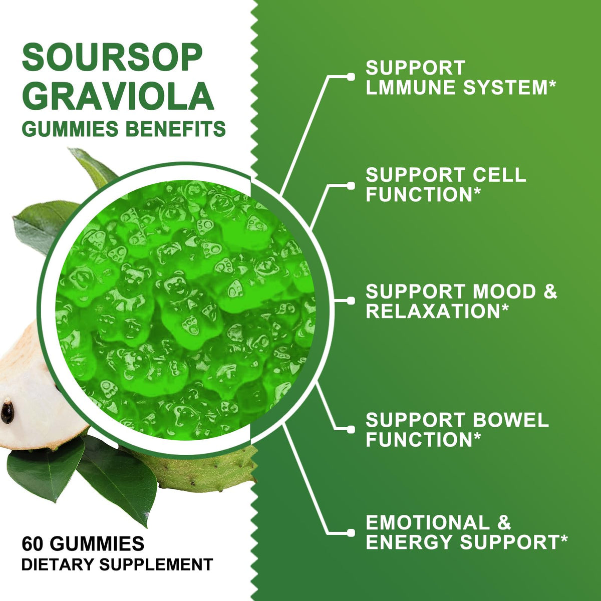 Organic Soursop Graviola Gummies 2200mg with Sea Moss Zinc Vitamin C 60 Gummies I900
