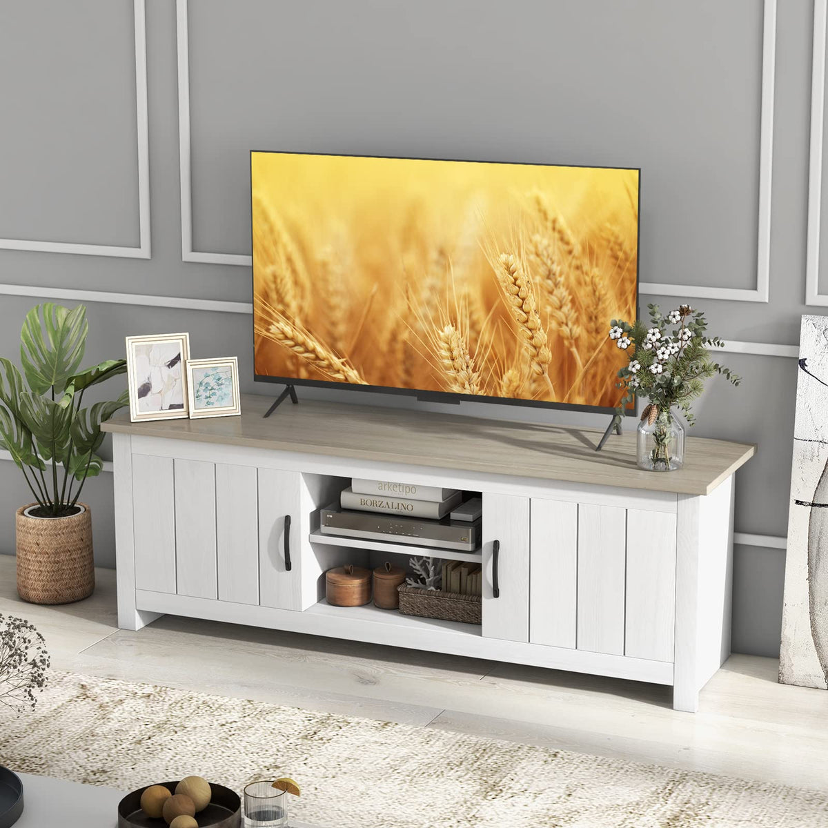 2 Doors TV Stand with 2 Cabinets & Open Shelves O24913