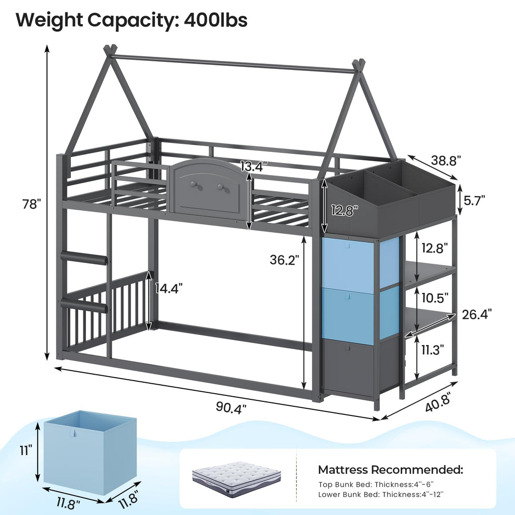 Twin Over Twin Bunk Bed with 3 Storage Drawers and Stairs E541