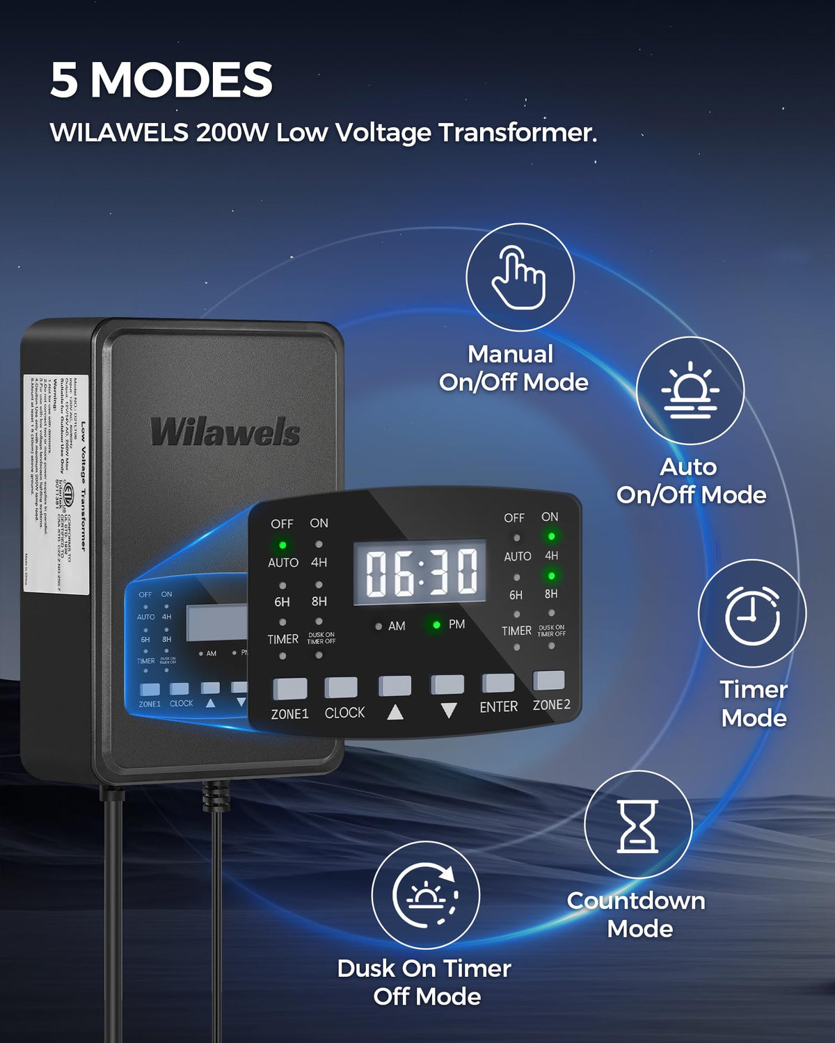 200W Low Voltage Landscape Transformer with Timer & Photocell Sensor F3261