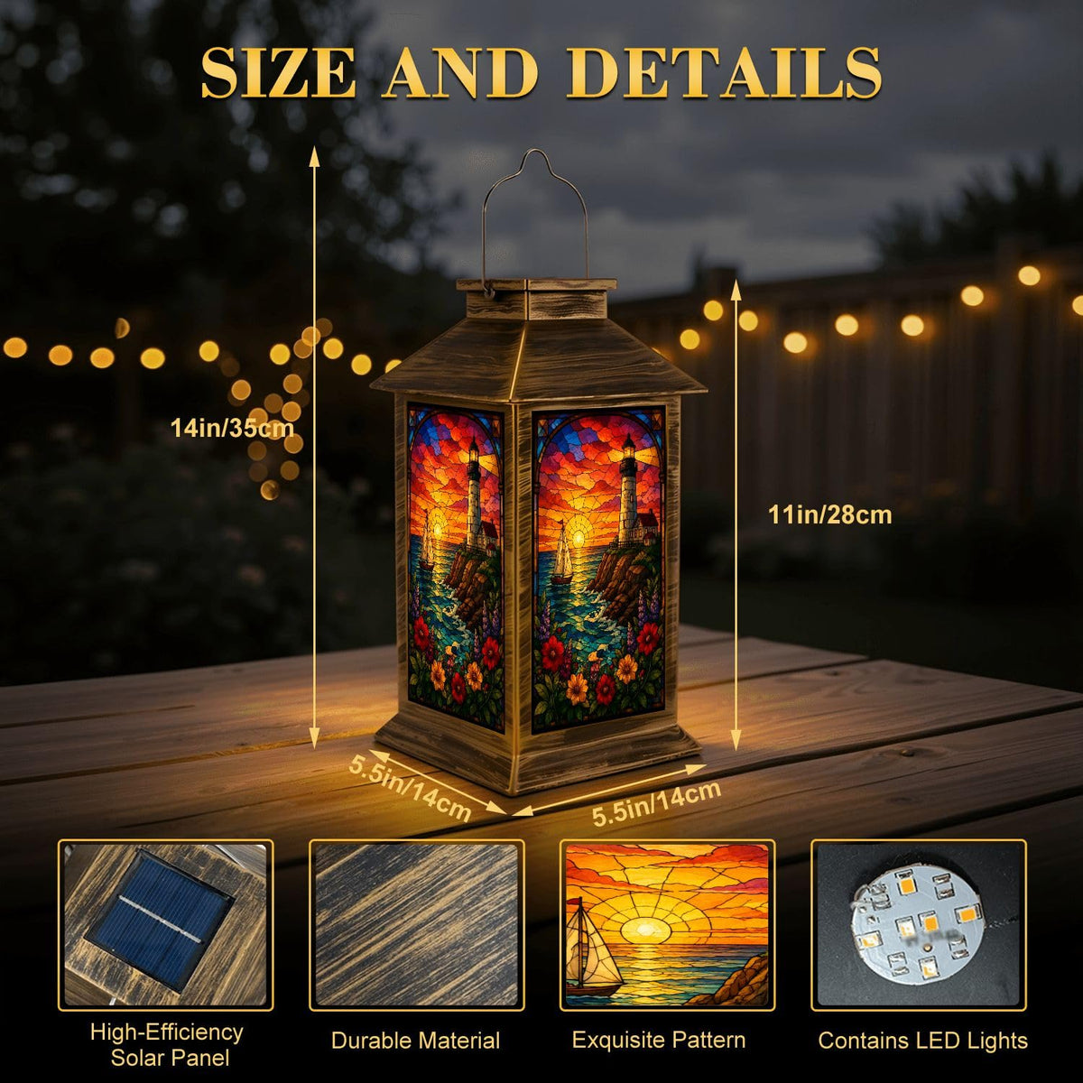 Solar Lantern Outdoor Waterproof Stained Glass Effect LED Hanging Tabletop Lamp I943