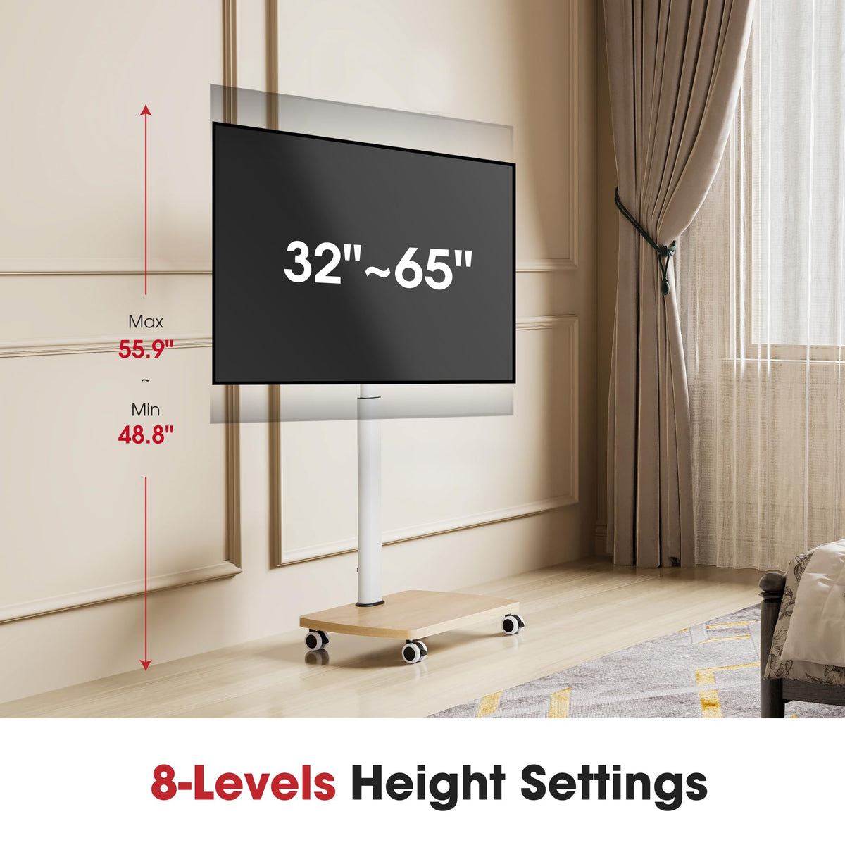 Rolling TV Stand for 32-65 Inch TVs, Height Adjustable with Swivel & Tilt Mount W653293