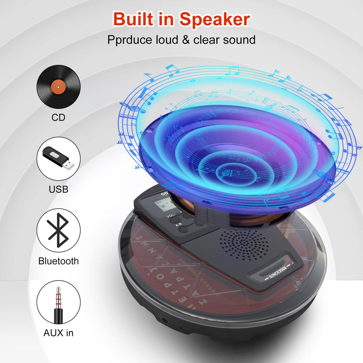 Rechargeable Portable CD Player with Bluetooth A302