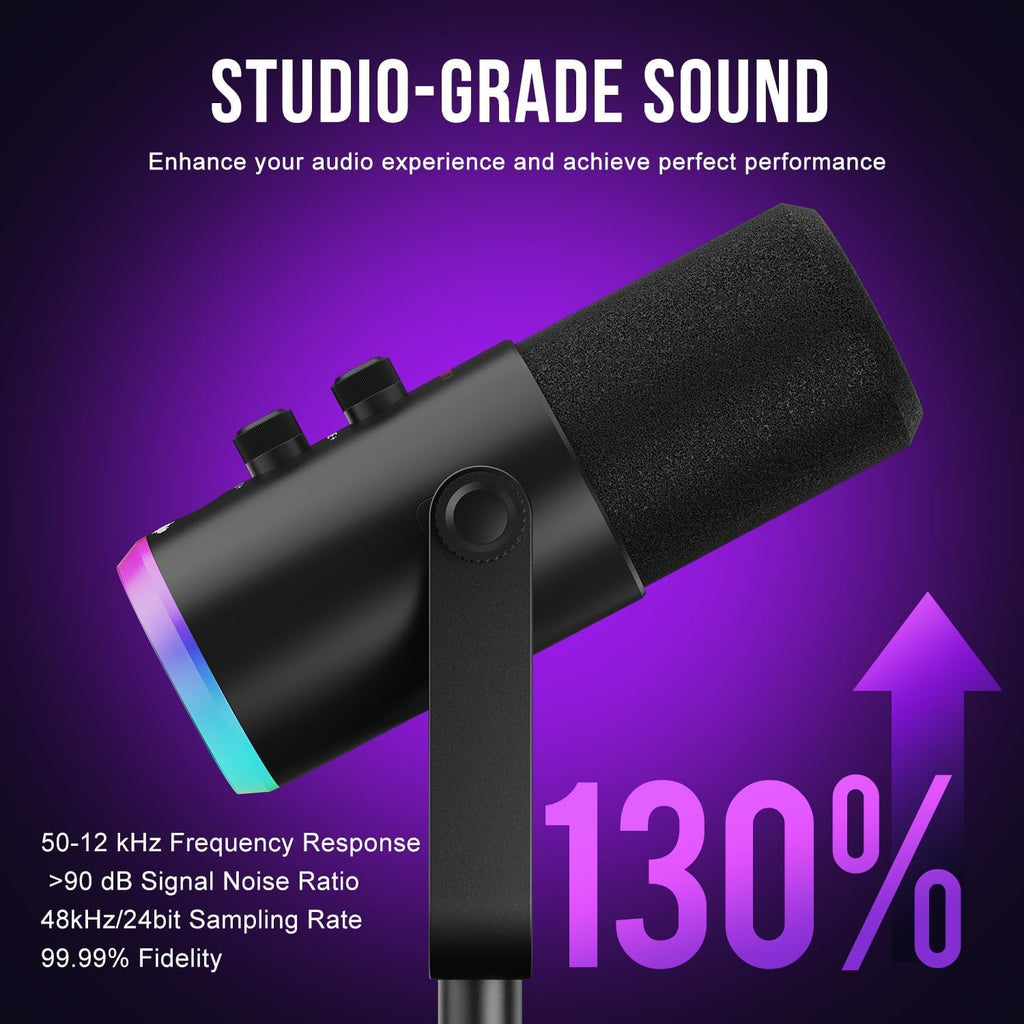 USB-C/XLR Dynamic Microphone with RGB Light, Mute Button, Desktop Stand, Headphones Jack D9005