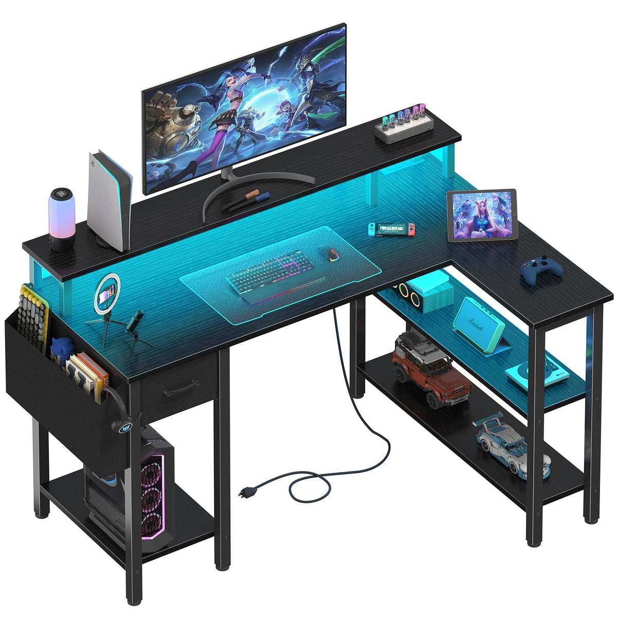 L Shaped Gaming Desk with Storage Shelves, 47 inch Black B2351