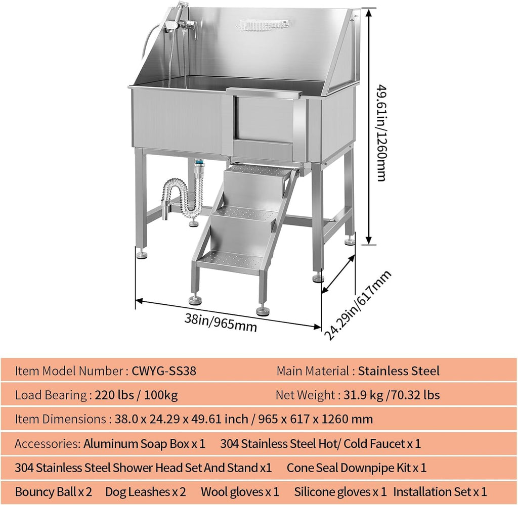 38" Stainless Steel Dog Grooming Tub with Stairs R50690