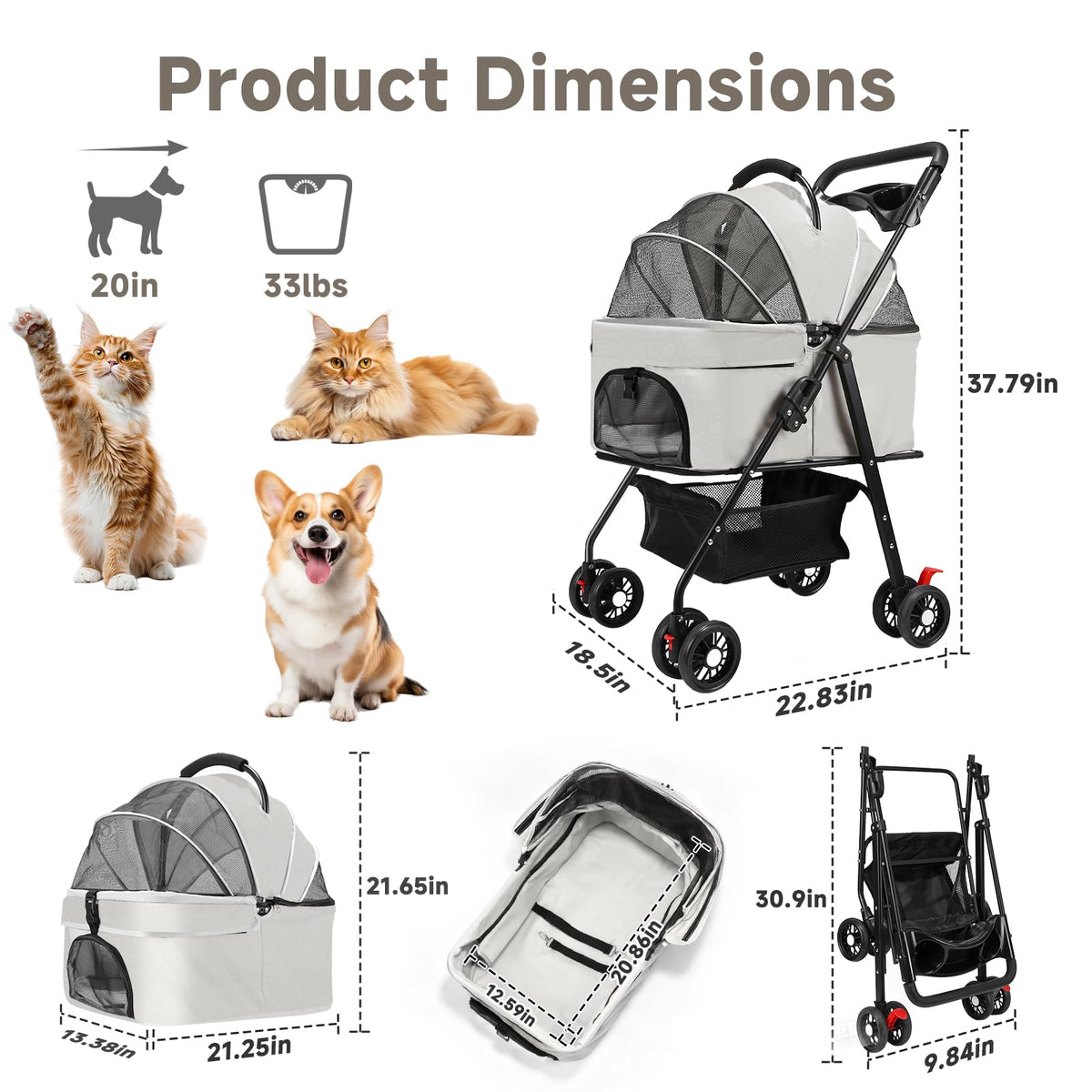 4 Wheels Foldable Pet Stroller with Detachable Carrier M618