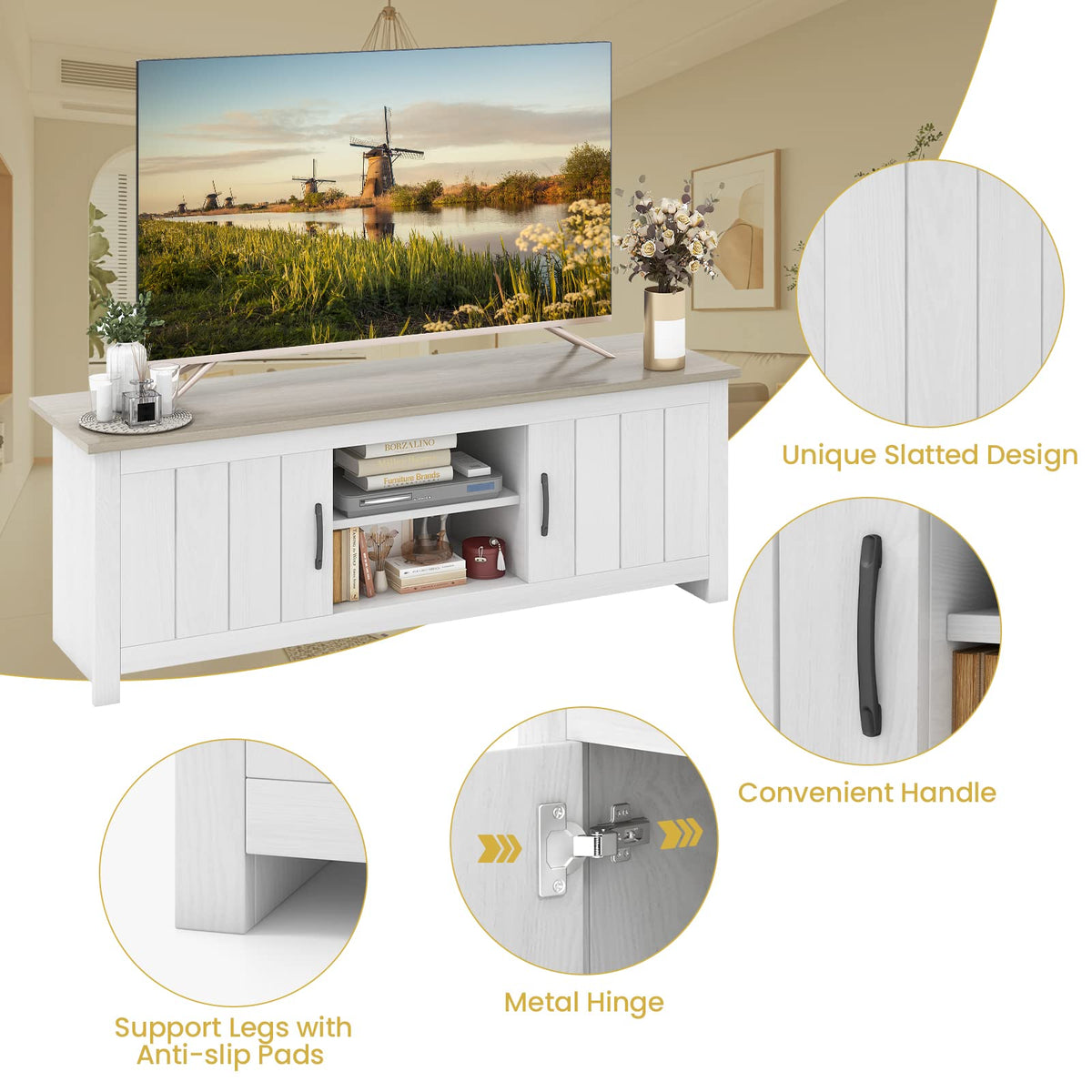 2 Doors TV Stand with 2 Cabinets & Open Shelves O24913