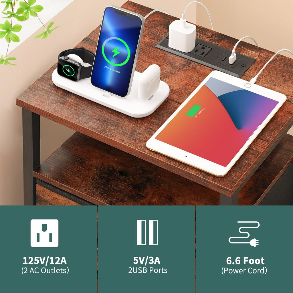 Red Brown Nightstand with Charging Station F674
