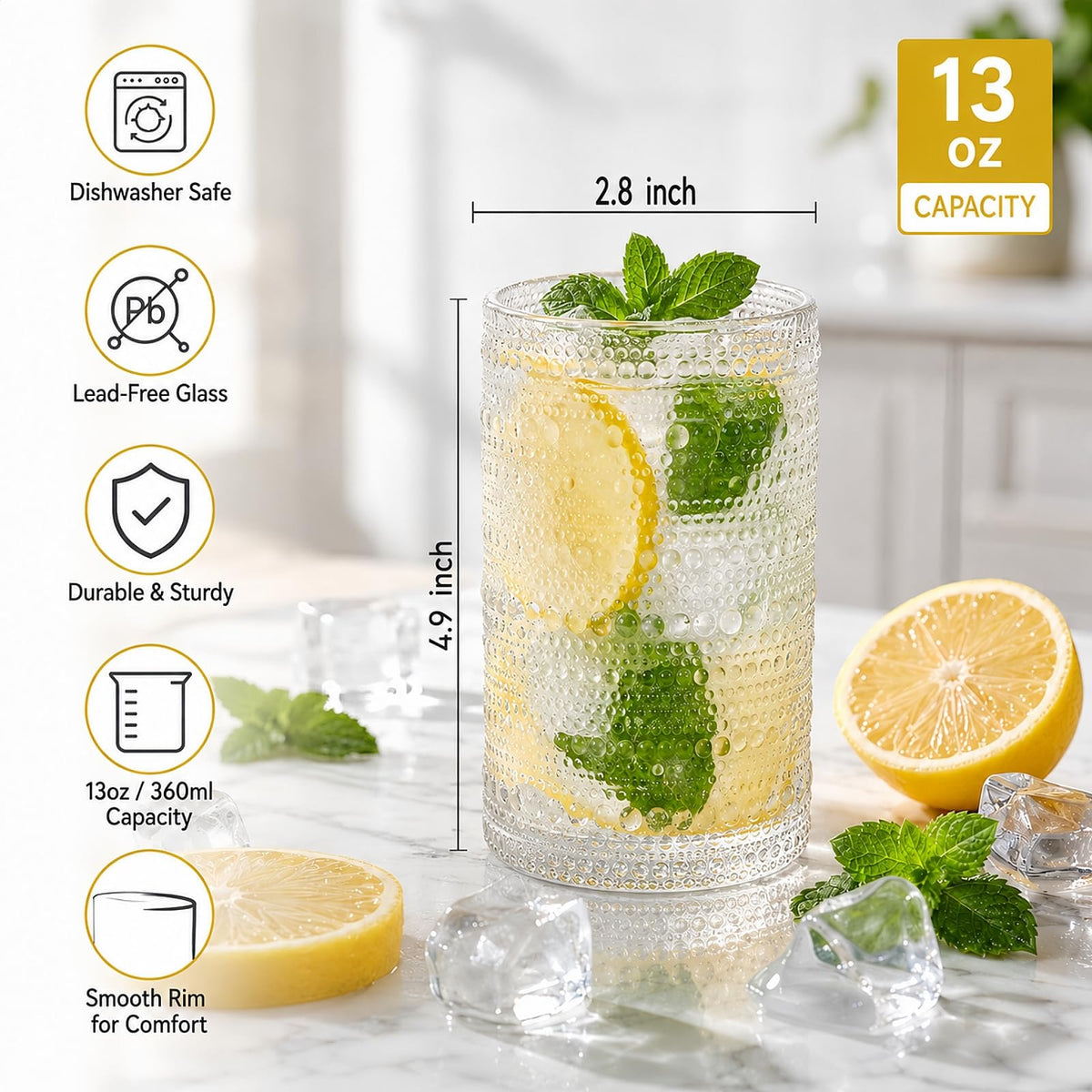 Set of 6 Vintage Hobnail Drinking Glasses, 13 oz Clear Embossed Glassware P7184