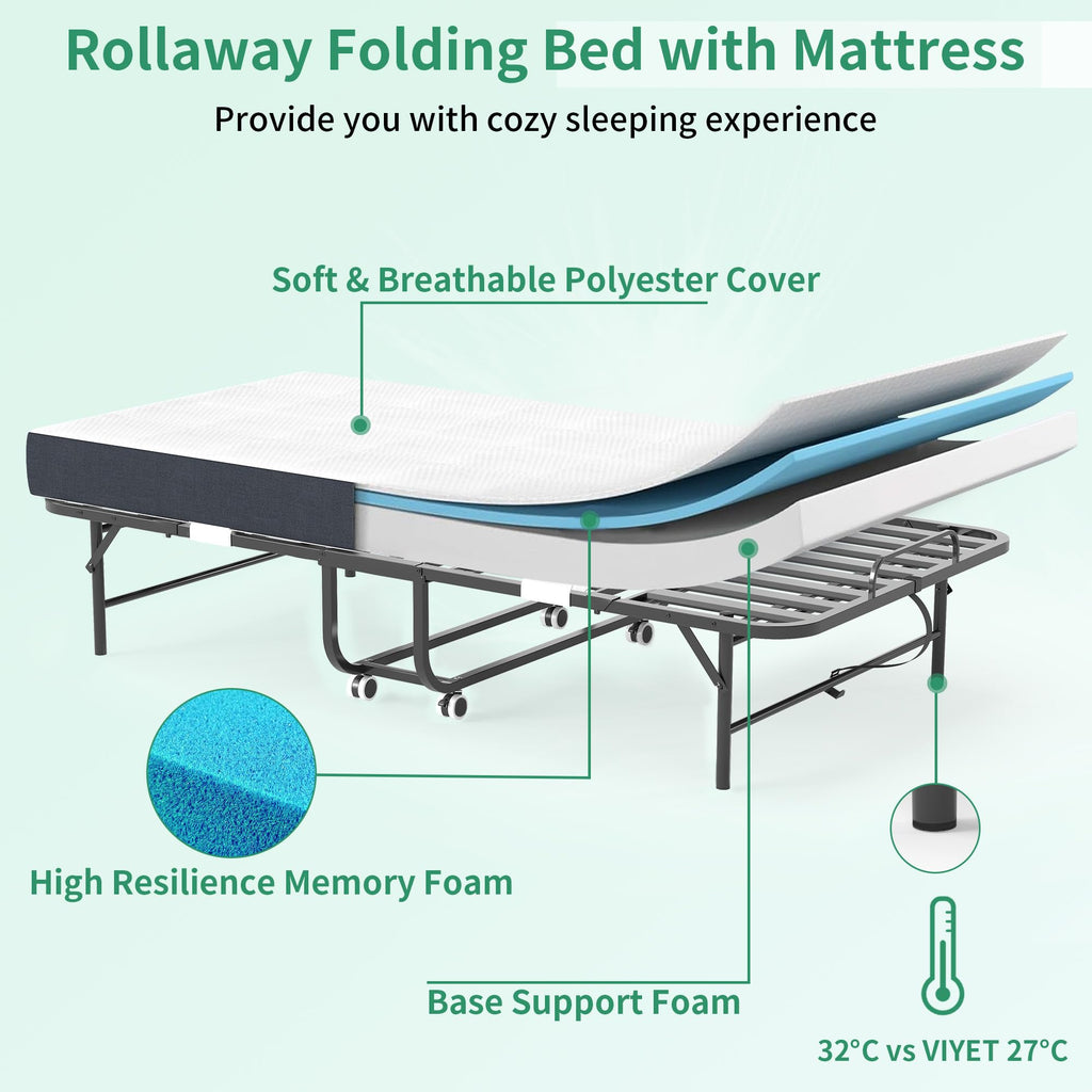 Folding Bed with Mattress, 5-Inch Memory Foam, 500lbs Capacity, Metal Frame T7881