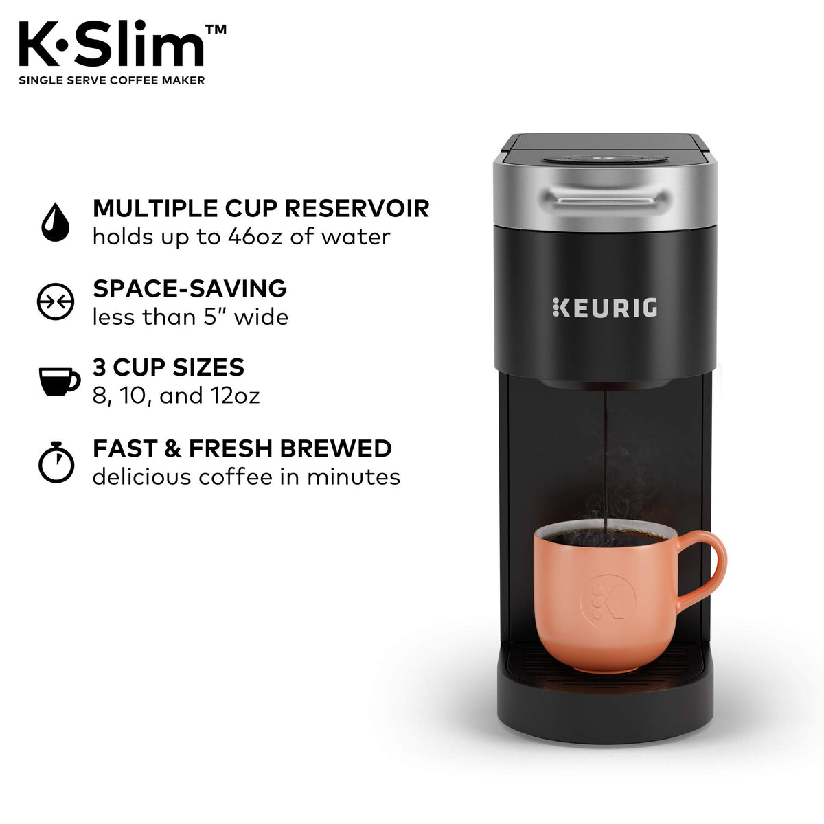 Single Serve K-Cup Pod Coffee Maker, 3 Brew Sizes, 46oz Removable Reservoir, Black R79099