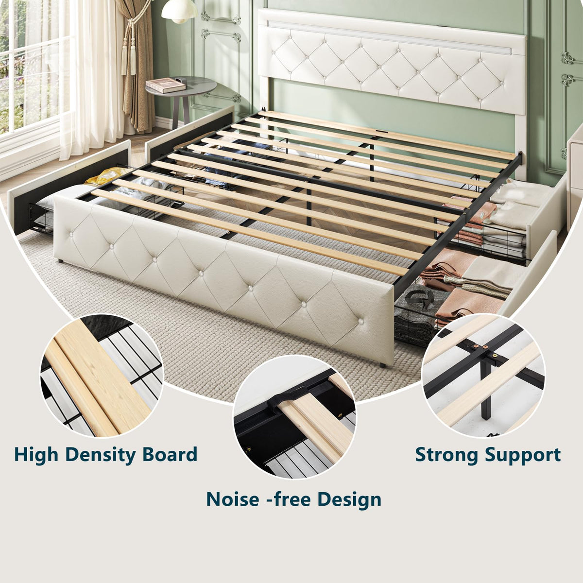 Full Size Bed Frame with LED Light and Storage Drawers N8486