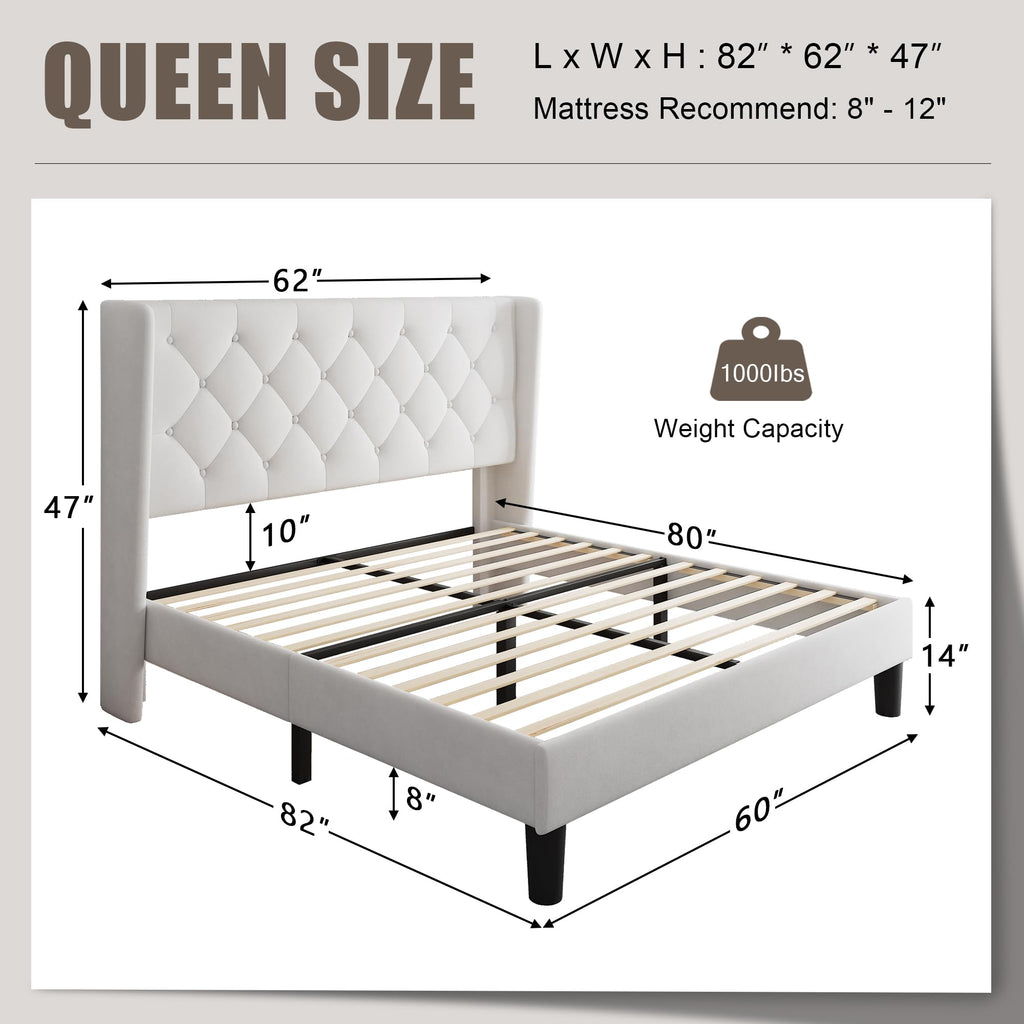 Queen Size Velvet Upholstered Platform Bed Frame with Wingback Headboard S27932