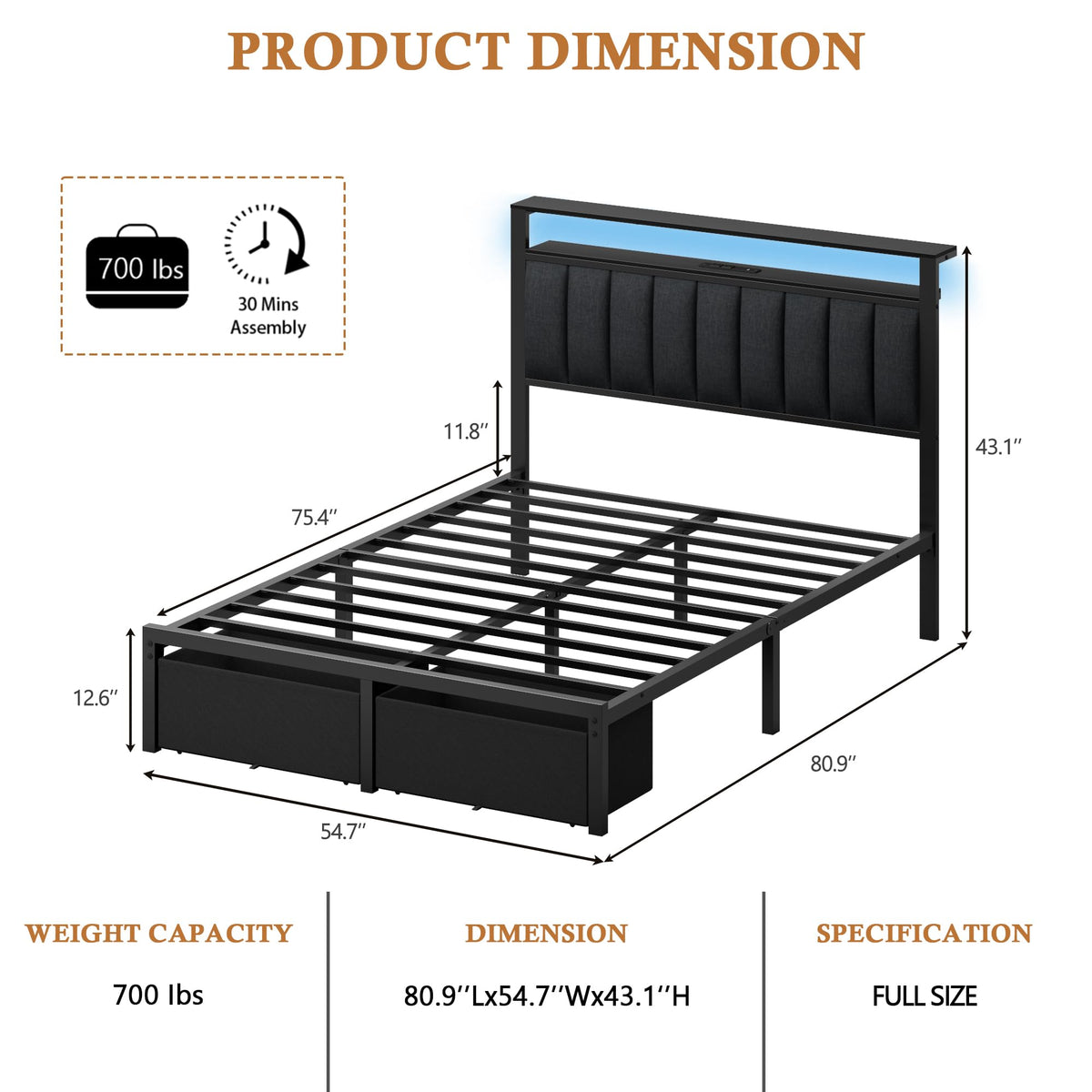 Full Size Bed Frame with Storage Drawers and Upholstered Headboard Y692758