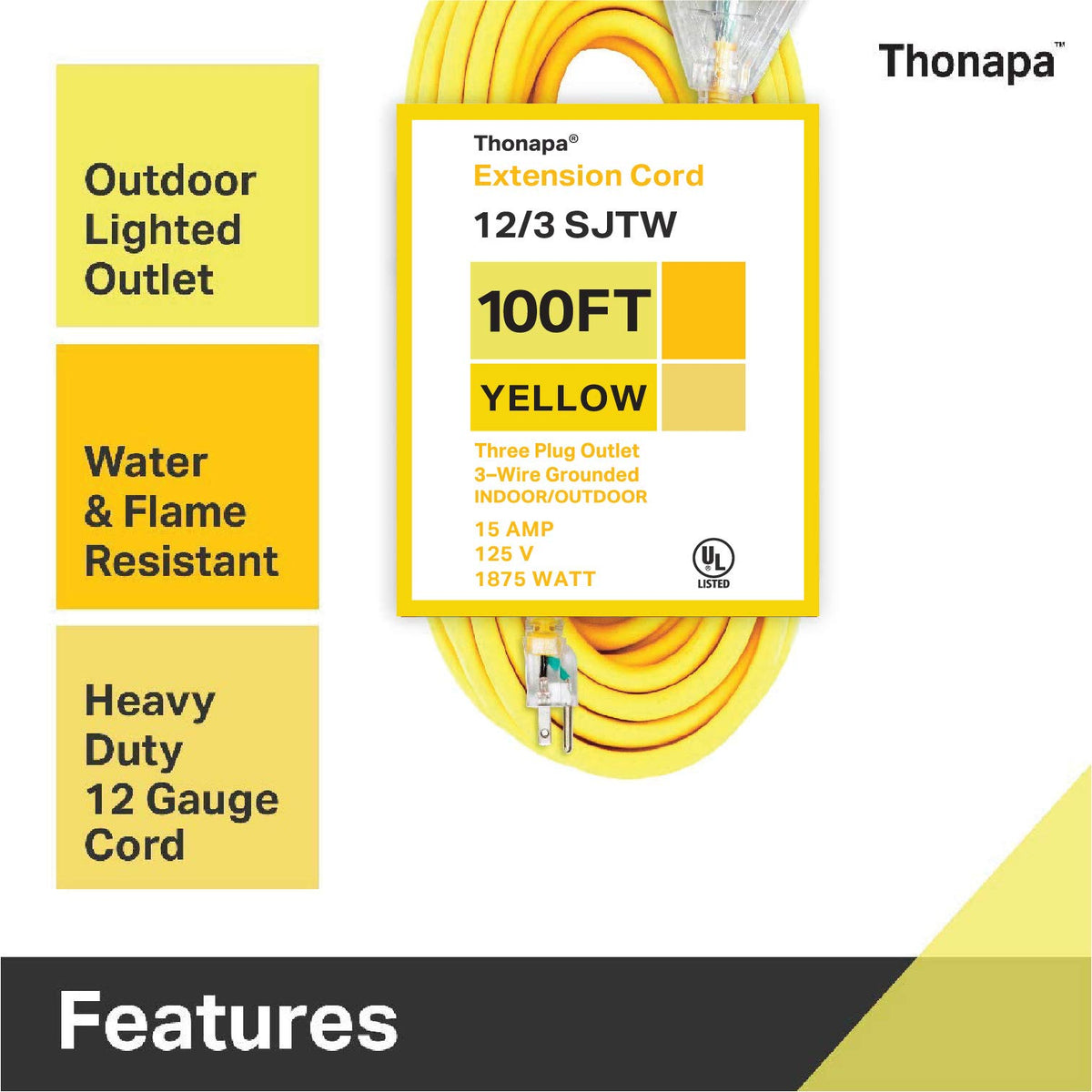 100 Foot Heavy Duty Yellow Extension Cord D4886