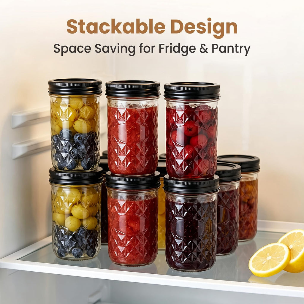 12 oz Mason Jars 12 Pack Regular Mouth Canning Jars with Black Lids E7160