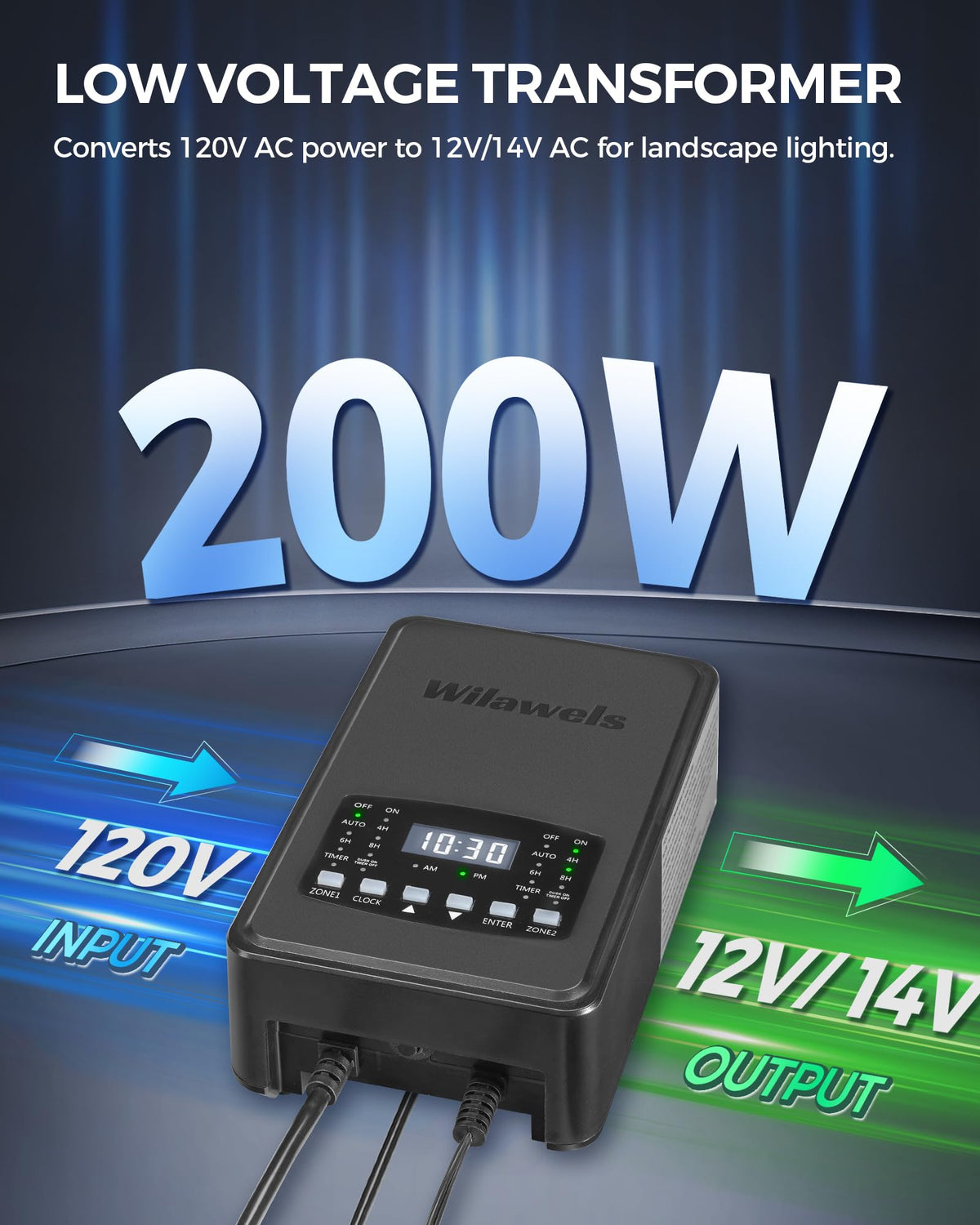 200W Low Voltage Landscape Transformer with Timer & Photocell Sensor F3261