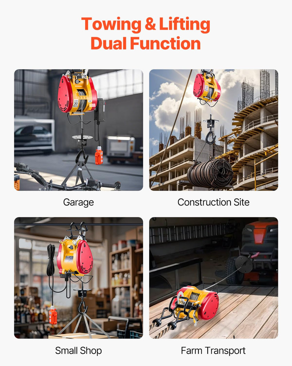 1100 lbs 1800W Portable Electric Hoist Winch with Wireless Remote Control O492056