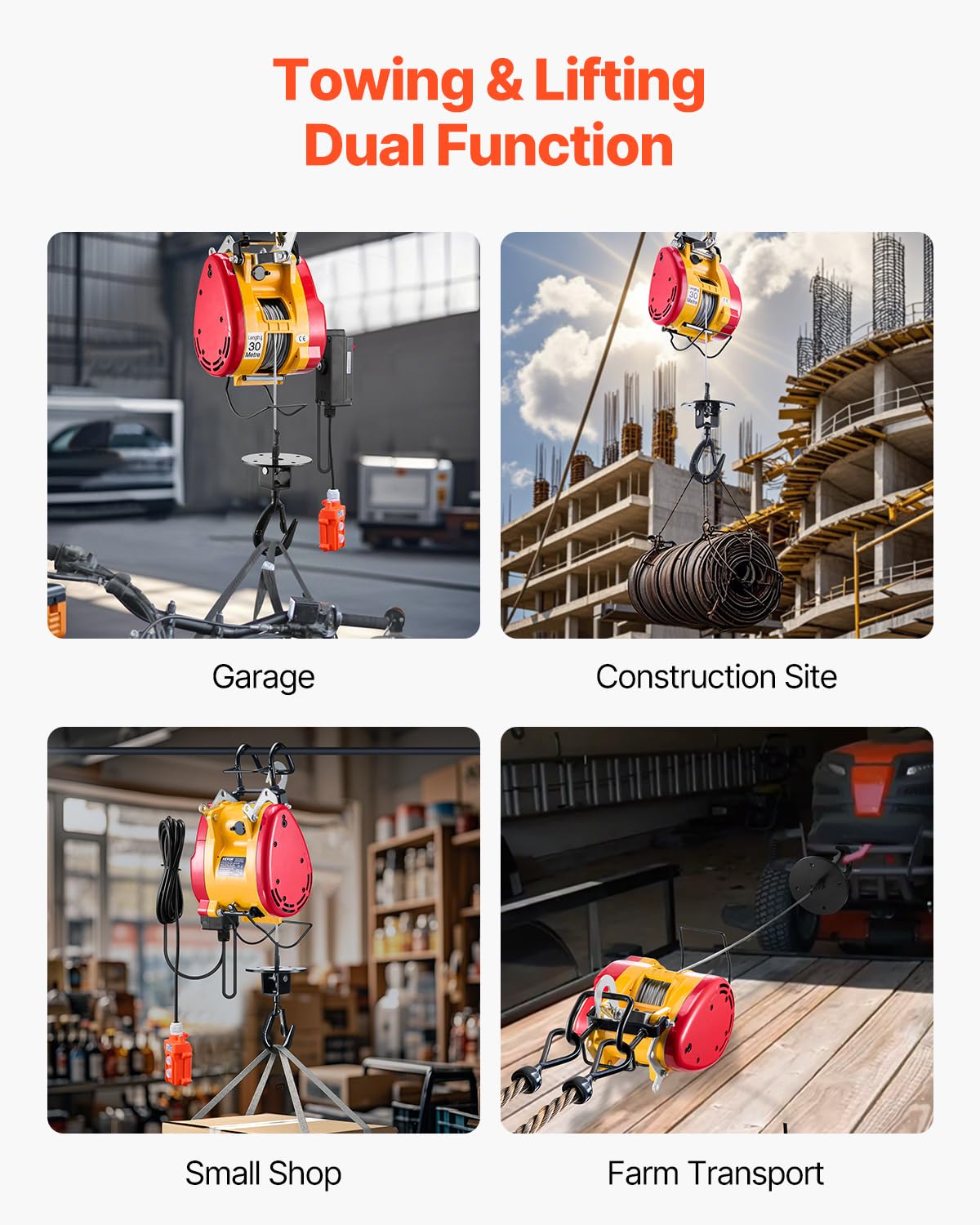 1100 lbs 1800W Portable Electric Hoist Winch with Wireless Remote Control O492056