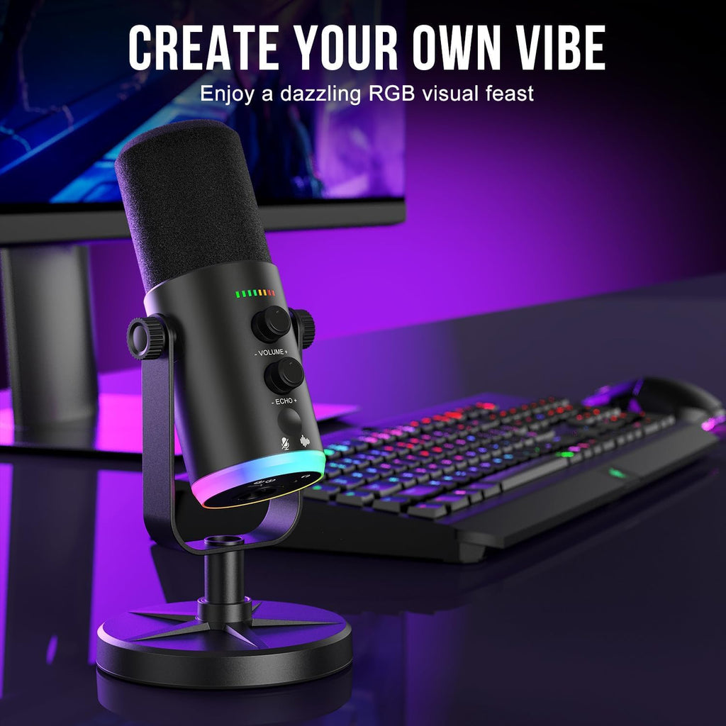 USB-C/XLR Dynamic Microphone with RGB Light, Mute Button, Desktop Stand, Headphones Jack D9005