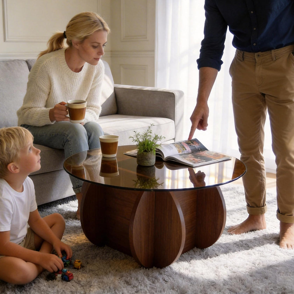 Round Glass Coffee Table with Solid Wood Legs B303540