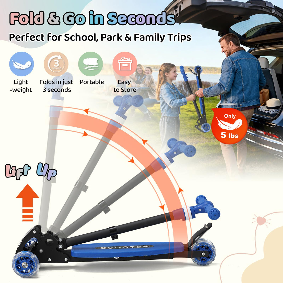 Three Wheeled Light Up Foldable Kick Scooter H53416