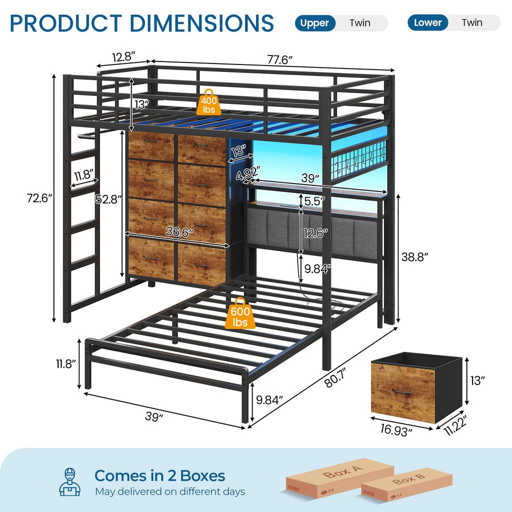 Twin Over Twin Bunk Bed with 8 Drawers and Storage Headboard O879
