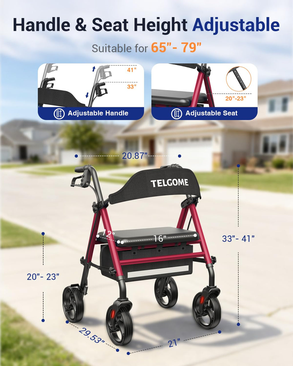 Red 350 lb Capacity Foldable Rollator Walker with Seat Z517