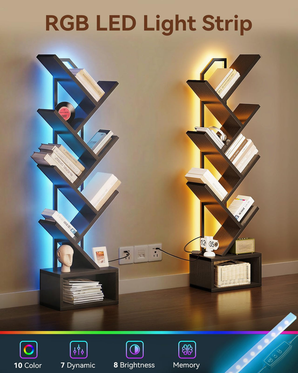 Black 6-Tier Tree Bookshelf with LED Lights L8989