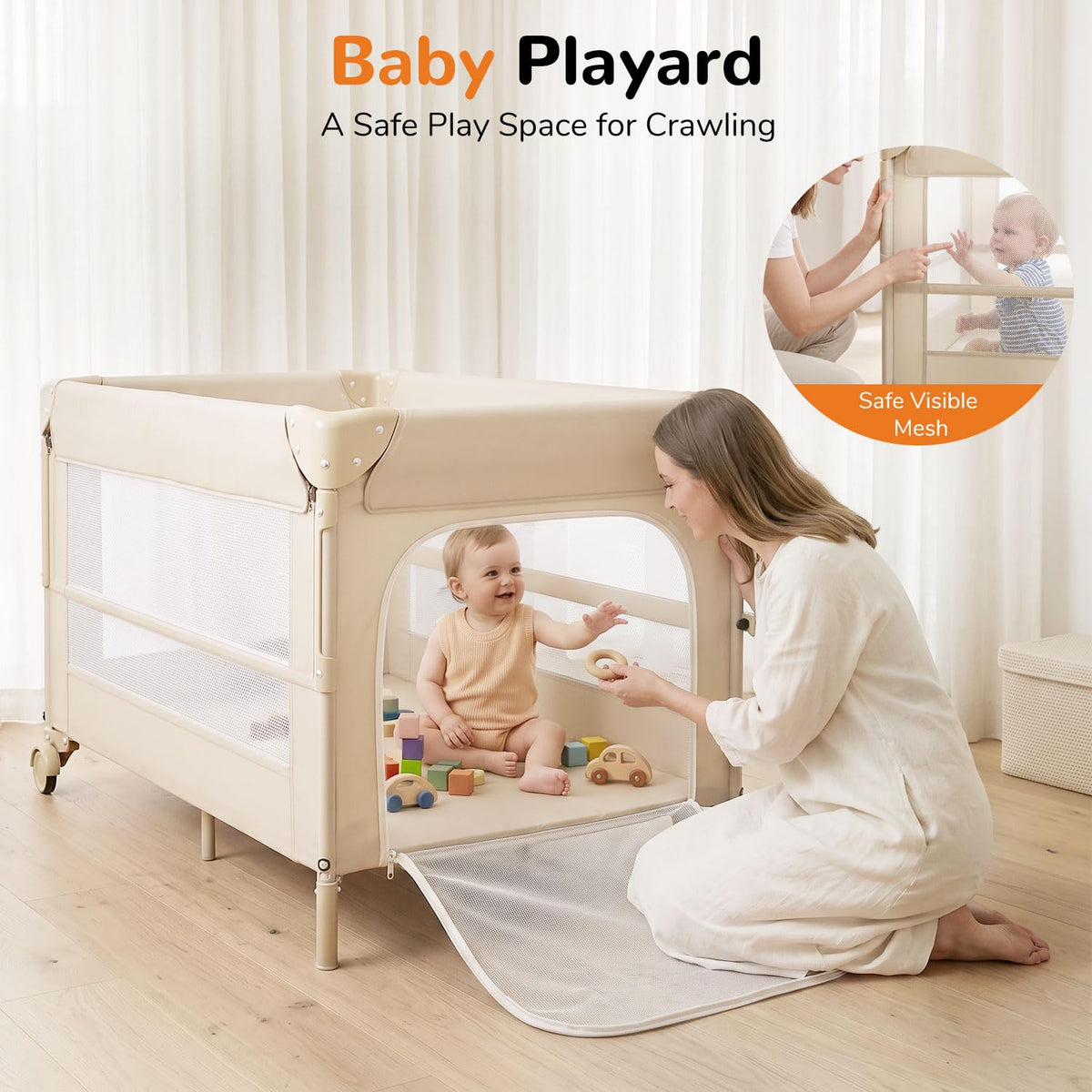 4 in 1 Foldable Pack and Play with Bassinet and Changing Table, Beige V8363