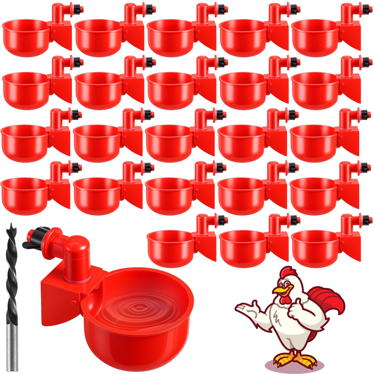 Automatic Chicken Waterer Cups 24-Pack Poultry Drinker with Hole Saw N83889