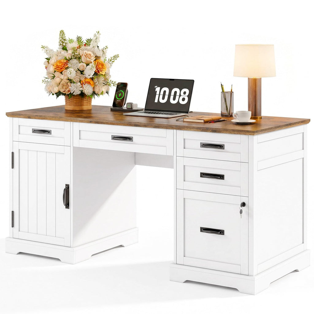 55'' White Farmhouse Desk with Drawers H992206