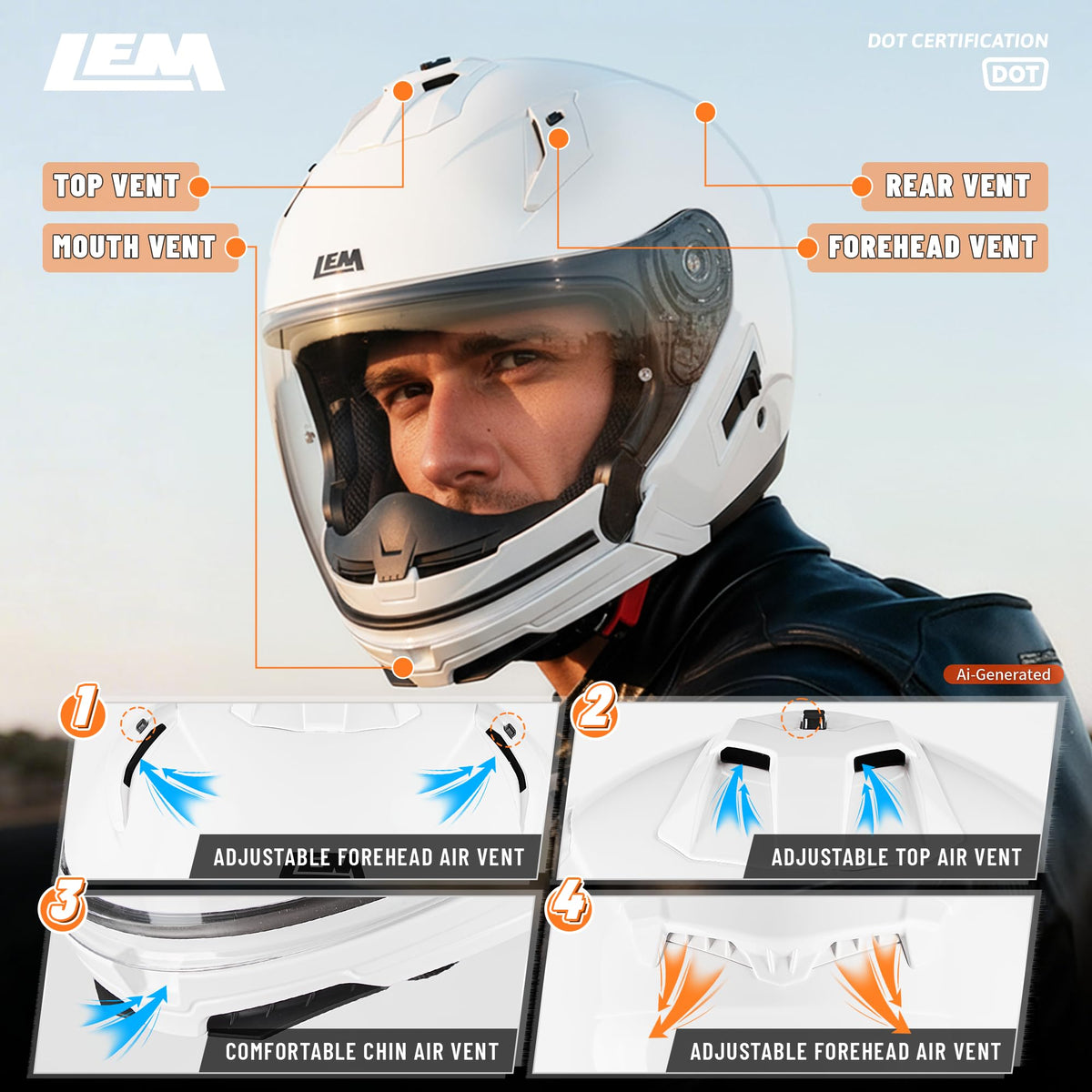 White Medium Full Face Motorcycle Helmets K110