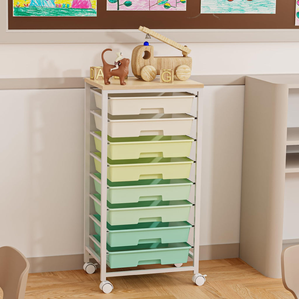 Rolling Storage Cart with 8 Drawers & Wooden Tabletop, Green, White Y36158