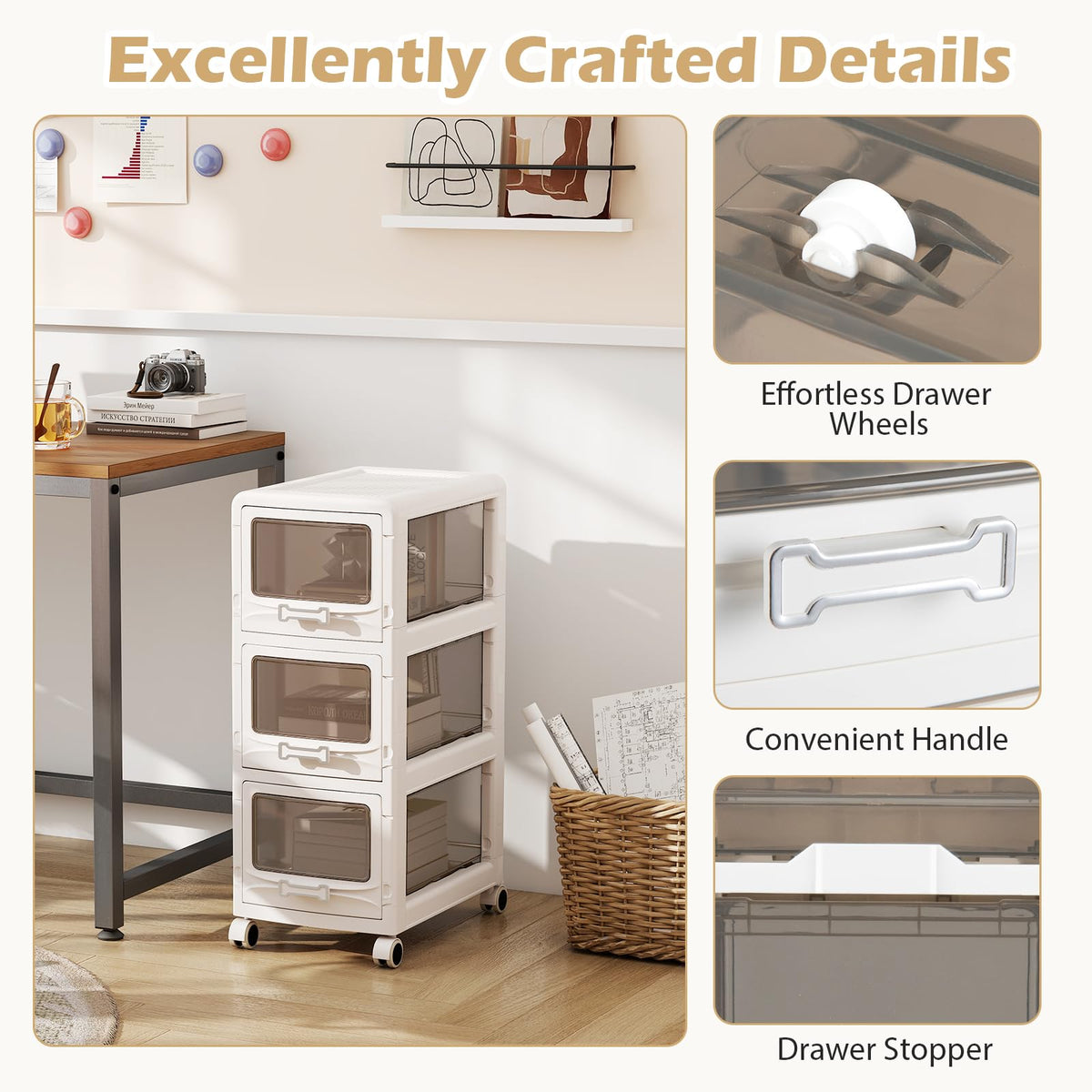3 Tier Rolling Storage Cart with Drawers D412
