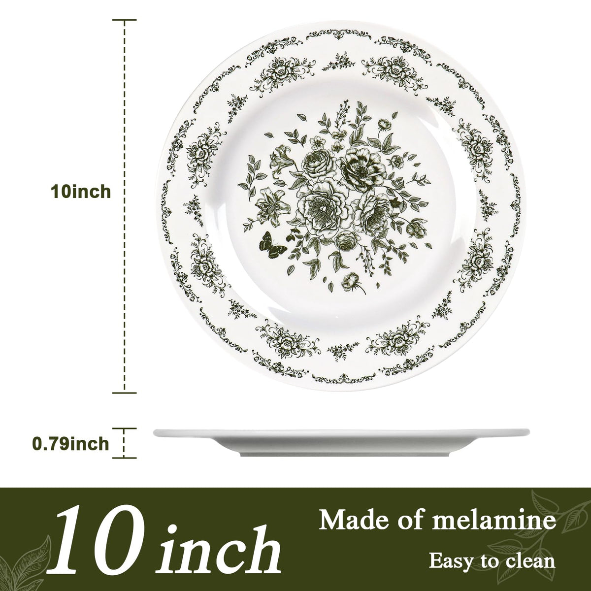 12 Piece 10 inch Green and White Floral Melamine Dinner Plates K1012