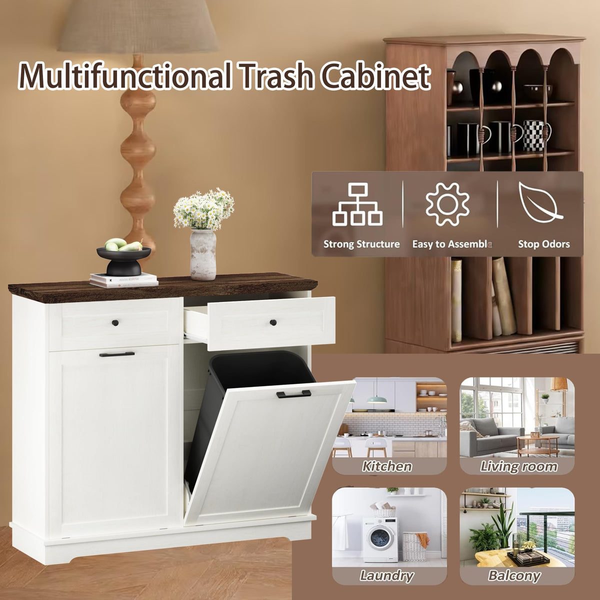 20 Gallon Wooden Tilt Out Trash Can Cabinet with Drawers M6416