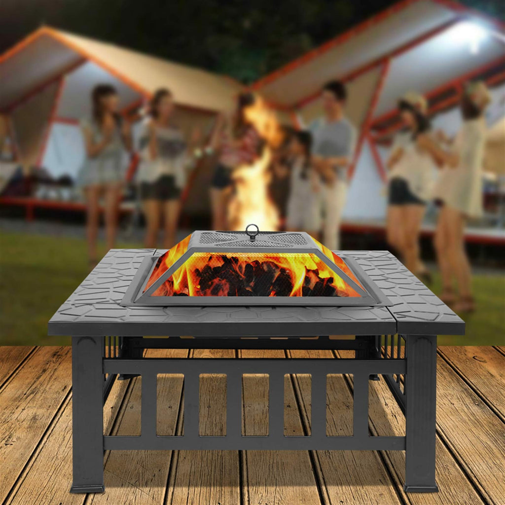 32 Inch Square Metal Wood Burning Fire Pit with Mesh Lid and Poker E3858