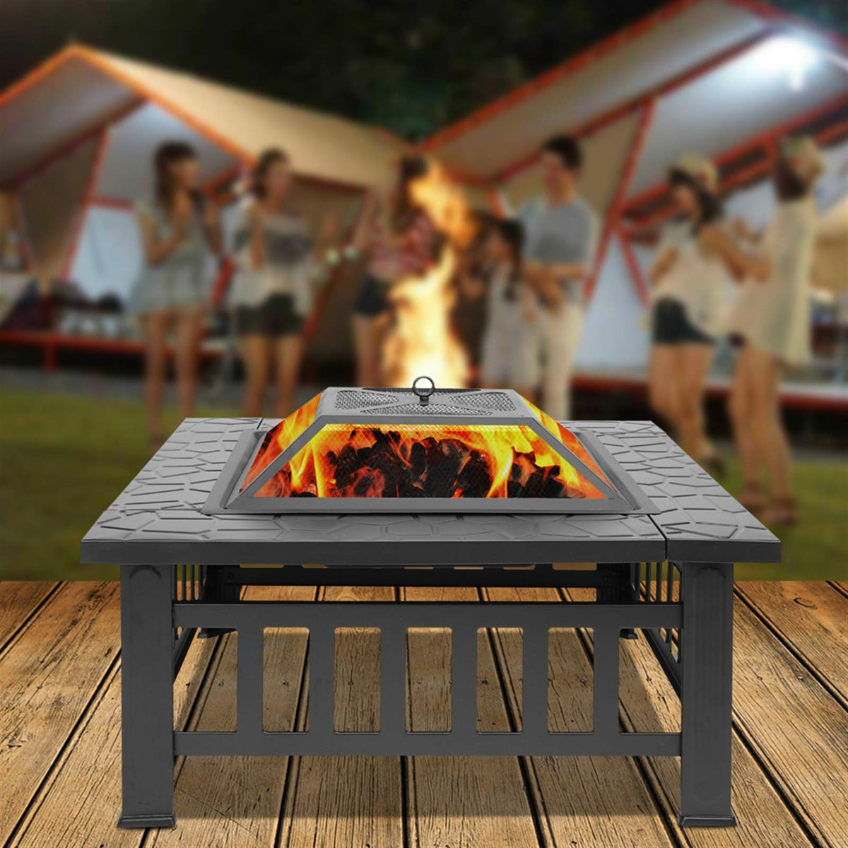 32 Inch Square Metal Wood Burning Fire Pit with Mesh Lid and Poker E3858